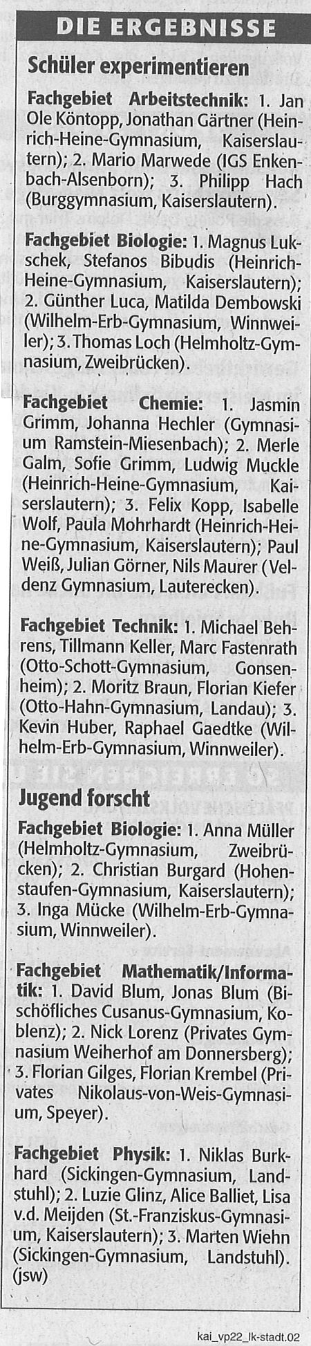 SchuelerExperimentieren Ergebnisse