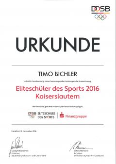 Timo Bichler Eliteschüler des Sports 2016 Urkunde
